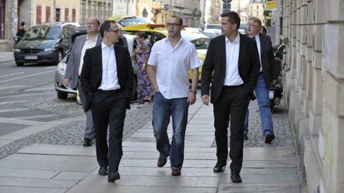 Bundesjustizminister Heiko Maas (links) und SPD-Landtagsfraktionschef Martin Dulig (rechts) im Gespräch mit dem Neustadt-Geflüster.