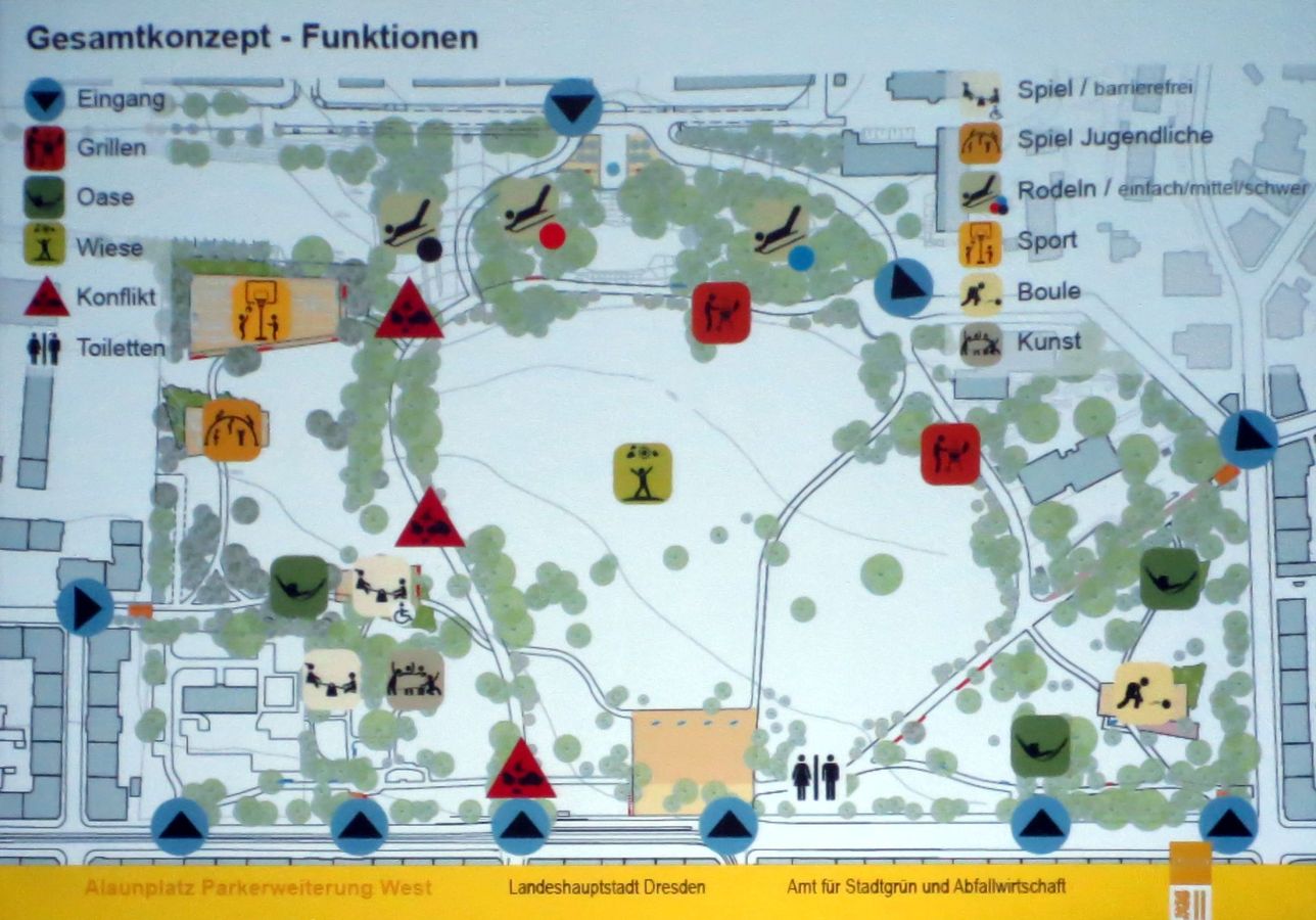 die Planskizze, links oben der Sportbereich, darunter das Spiel- und Kletterareal