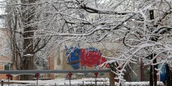 Mit Schnee-Zweig-Umrahmung guckt das Untier am Nordbad schon deutlich weniger grimmig.