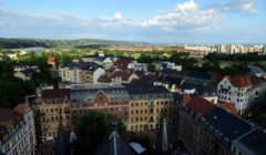 Turmblick mit Fernsehturm, Sächsischer Schweiz und Waldschlösschenbrücke