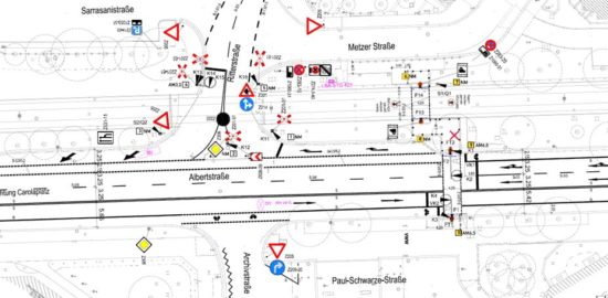 Die Skizze von der Albertstraße in Höhe der ehemaligen Fußgängerbrücke zeigt. Eine Fahrspur wird entfallen. Grafik: Stadtverwaltung