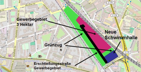 SPD-Vorschlag: Auf dem Gelände zwischen den Gleisanlagen sollen eine neue Schwimmhalle, eine Gewerbegebiet und Grünanlagen entstehen. Grafik: W. Schenk / openstreetmap