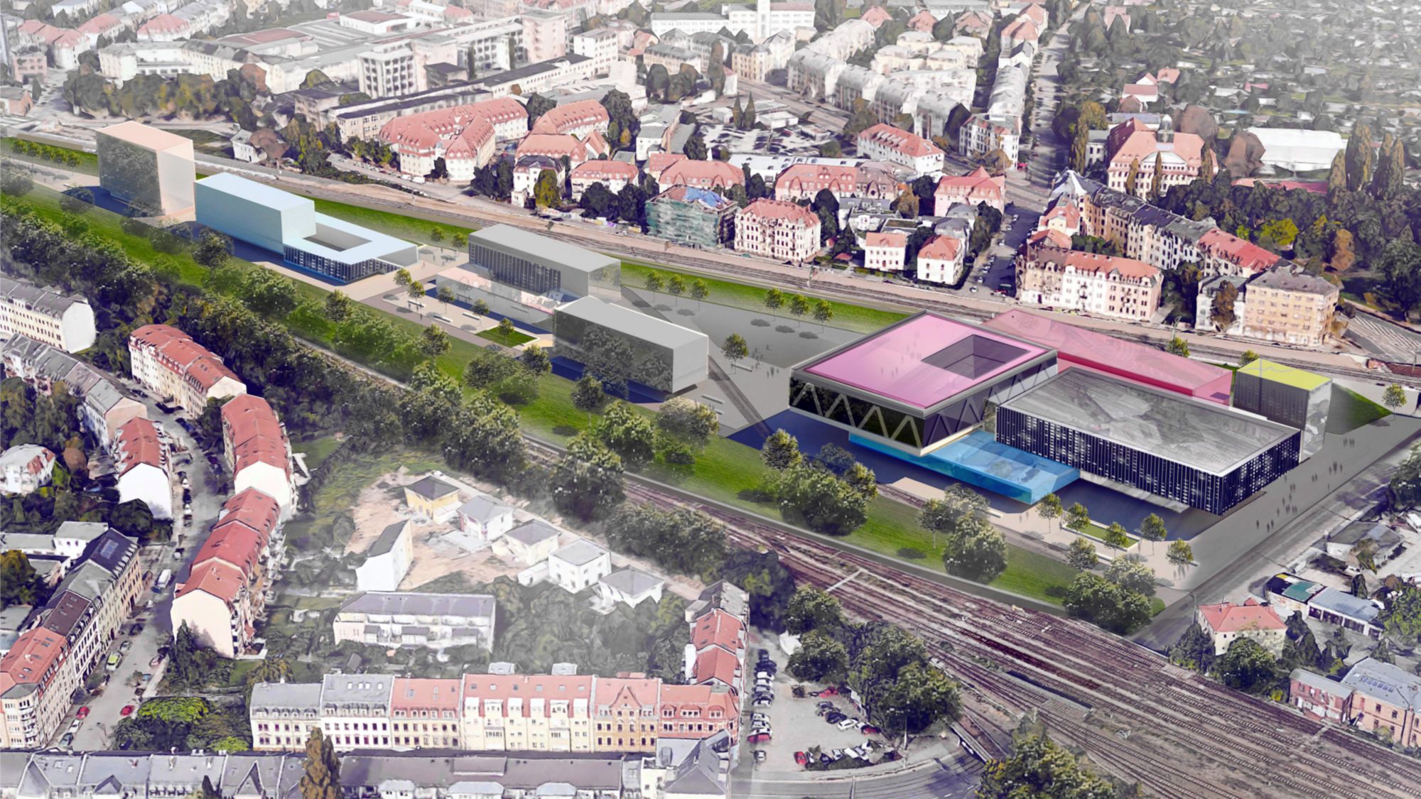 Links vier Gewerbegebäude, rechts das Sportzentrum, blau die Schwimmhalle. Visualisierung: Ipro