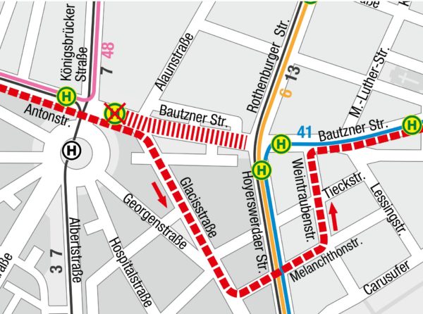 Verkehrsführung vom 6.7. bis 31.8.2019 in Richtung Bühlau Grafik: DVB