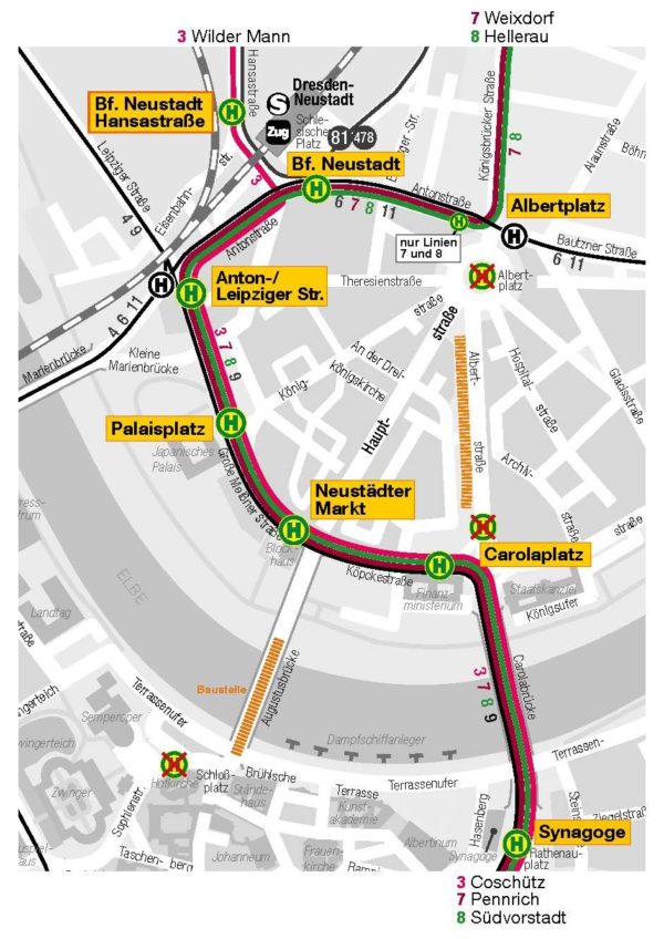 Die geplanten Straßenbahnumleitungen. Grafik: DVB