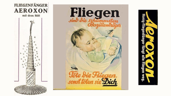 Fliegenklatsche: Anzeigen für Hilfsmittel gegen Fliegen von vor 100 Jahren