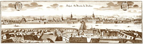 "Prospect der Brücken zu Dresden" - der Kupferstich von Matthaeus Merian aus dem Jahr 1650 zeigt die Altstadt mit Festungsmauer, und einen Teil des Altendresden - heute Innere Neustadt