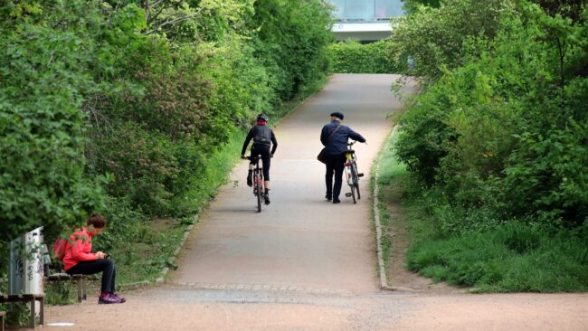 Sieht flacher aus als er ist. Die Steigung beträgt rund 10 Prozent, manch Radfahrer steigt da lieber ab.