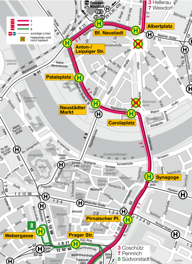 Geänderte Linienführung für 3, 7 und 8.