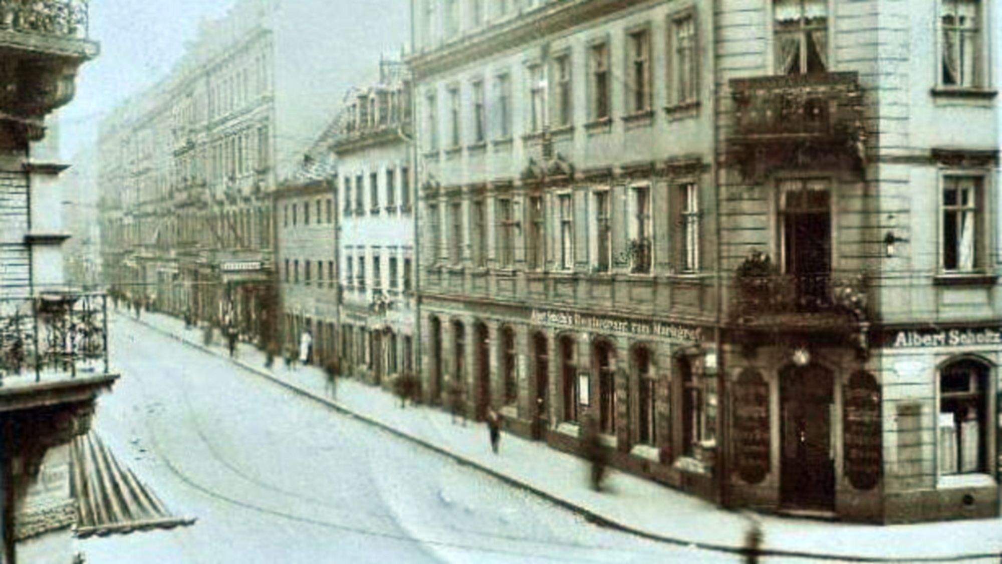 Louisenstraße Ecke Markgrafenstraße (heute Rothenburger Straße) mit Albert Scholtz' Restaurant 