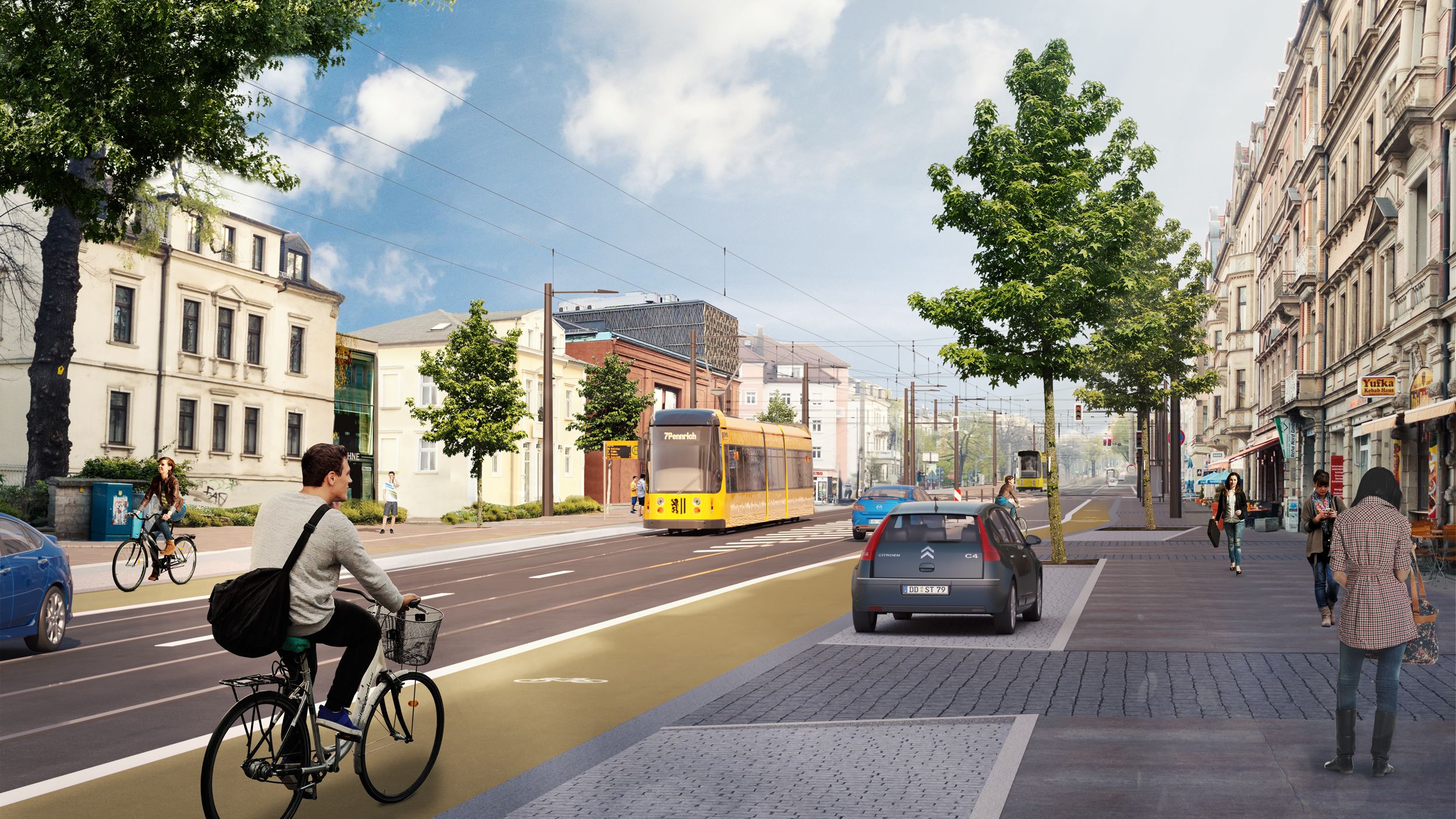 Visualisierung der künftigen Königsbrücker Straße in der Nähe des Bischofsweges stadtauswärts geblickt. Visualisierung: Landeshauptstadt Dresden