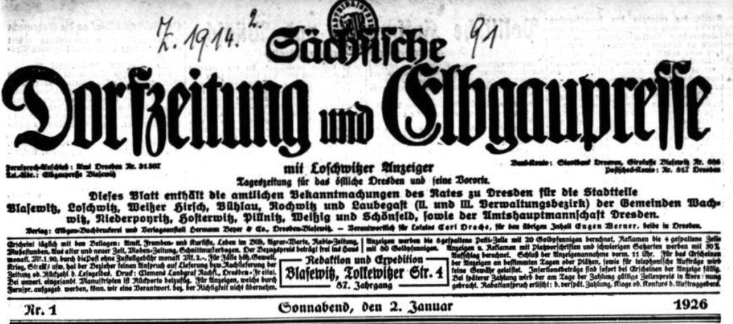 Sächsische Dorfzeitung und Elbgaupresse vom 2. Janur 1926