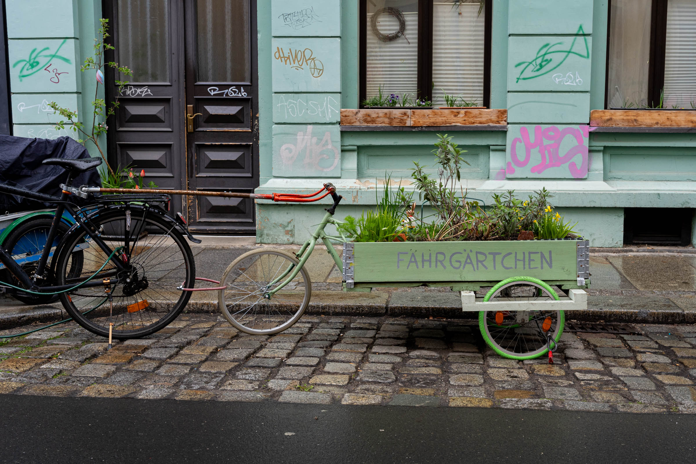 Bemalt und bepflanzt: das Fahrgärtchen in der Prießnitzstraße begrünt die steinigen Parkplätze und Insekten als Lebensraum. Foto: Sebastian Diehl