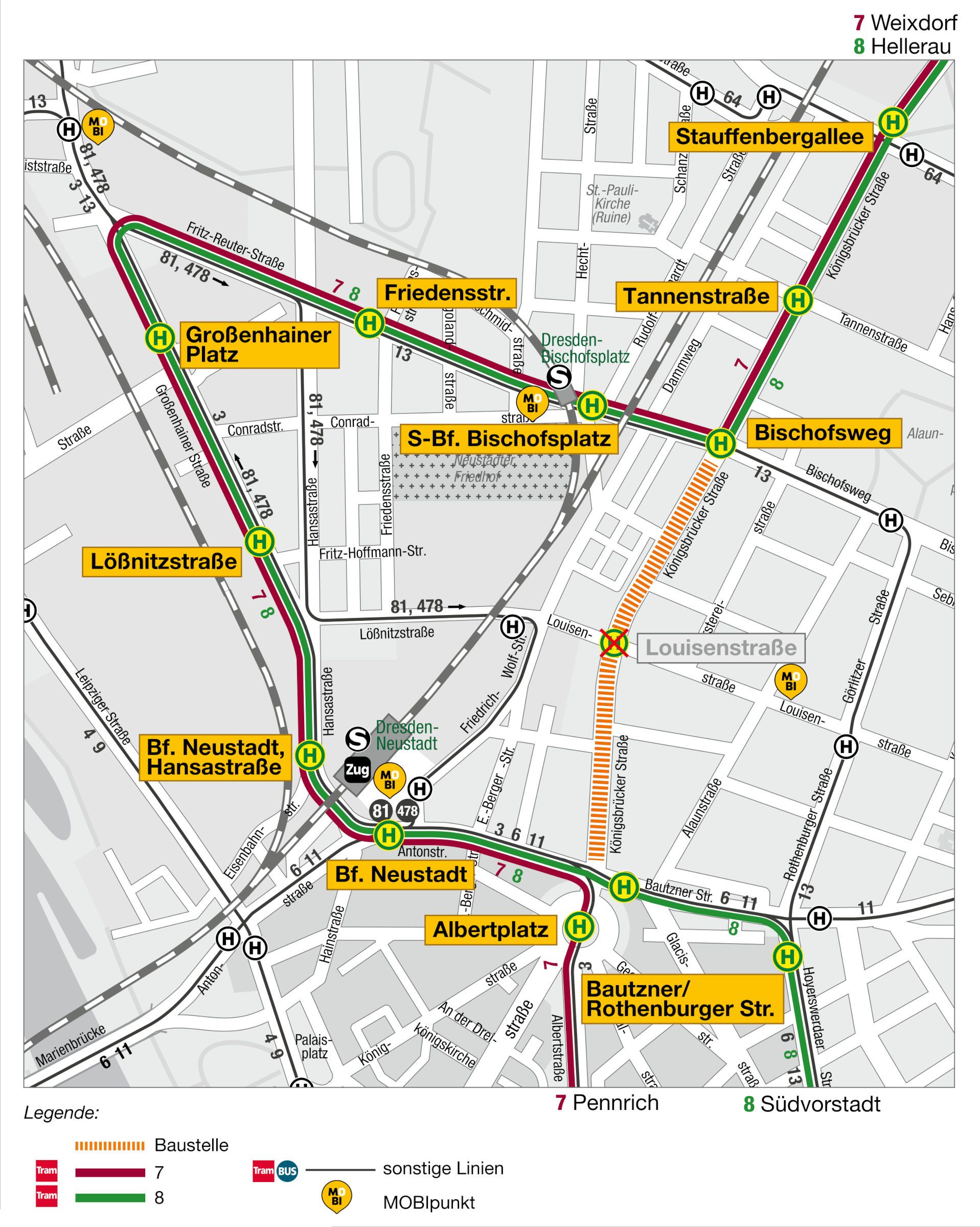So sieht die künftige Linienführung durch die Neustadt aus. Grafik: DVB AG